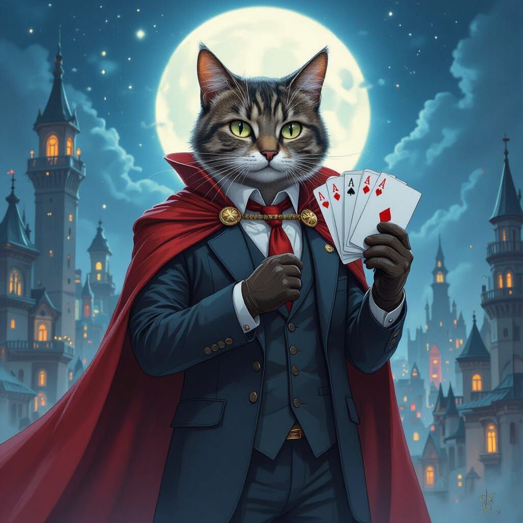 Heroic Cat in Moonlit Cityscape