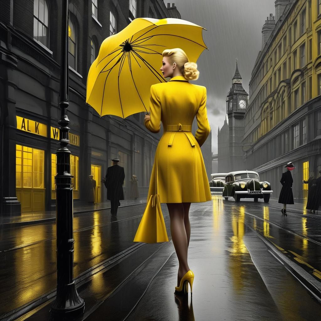 1940s London and people are distracted by a lovely vision in yellow standing out against the dreadful weather