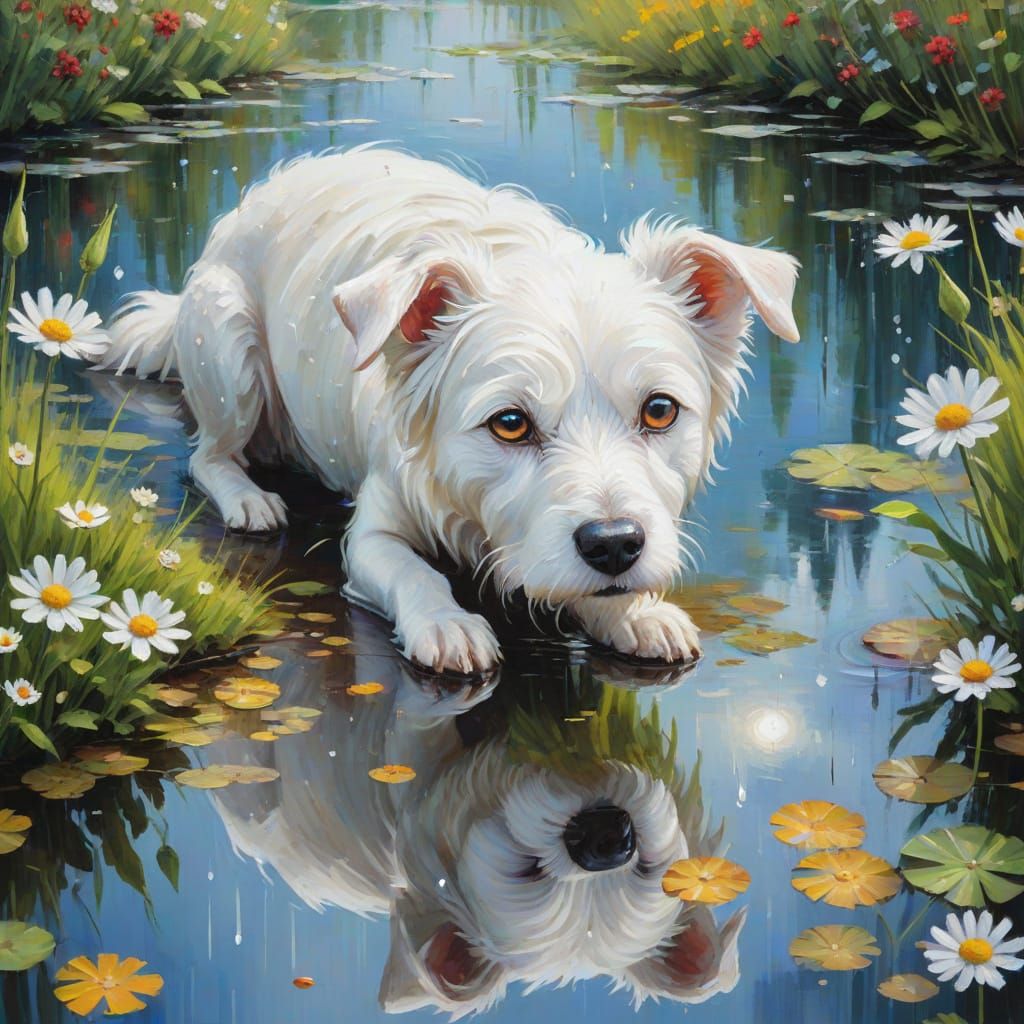 Neo-Impressionist Dog Gazes at Reflection in Water