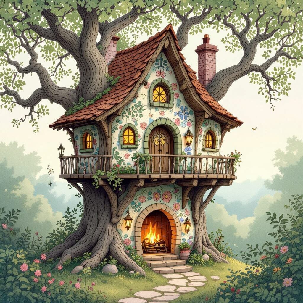 Enchanting Treehouse in Oak, Fairy Tale Illustration