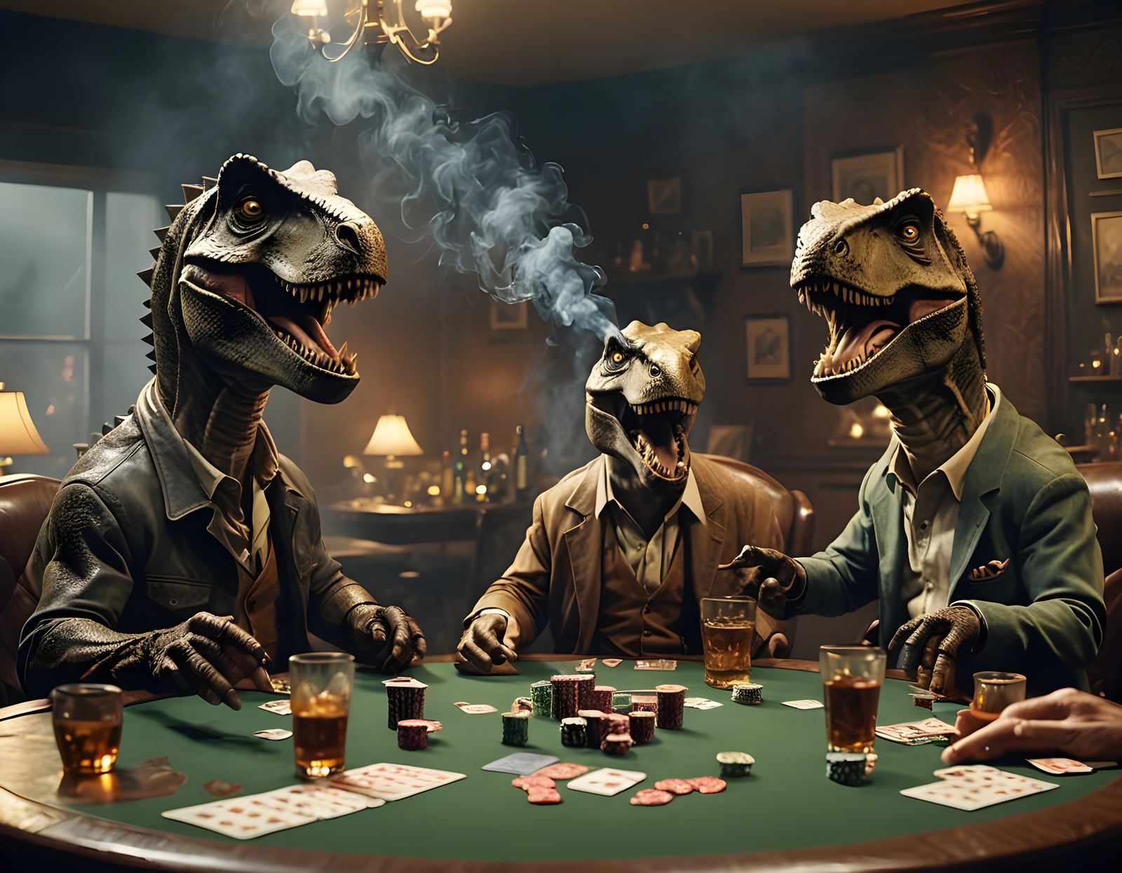 Dinosaurs Play Poker in a Cinematic Film Still