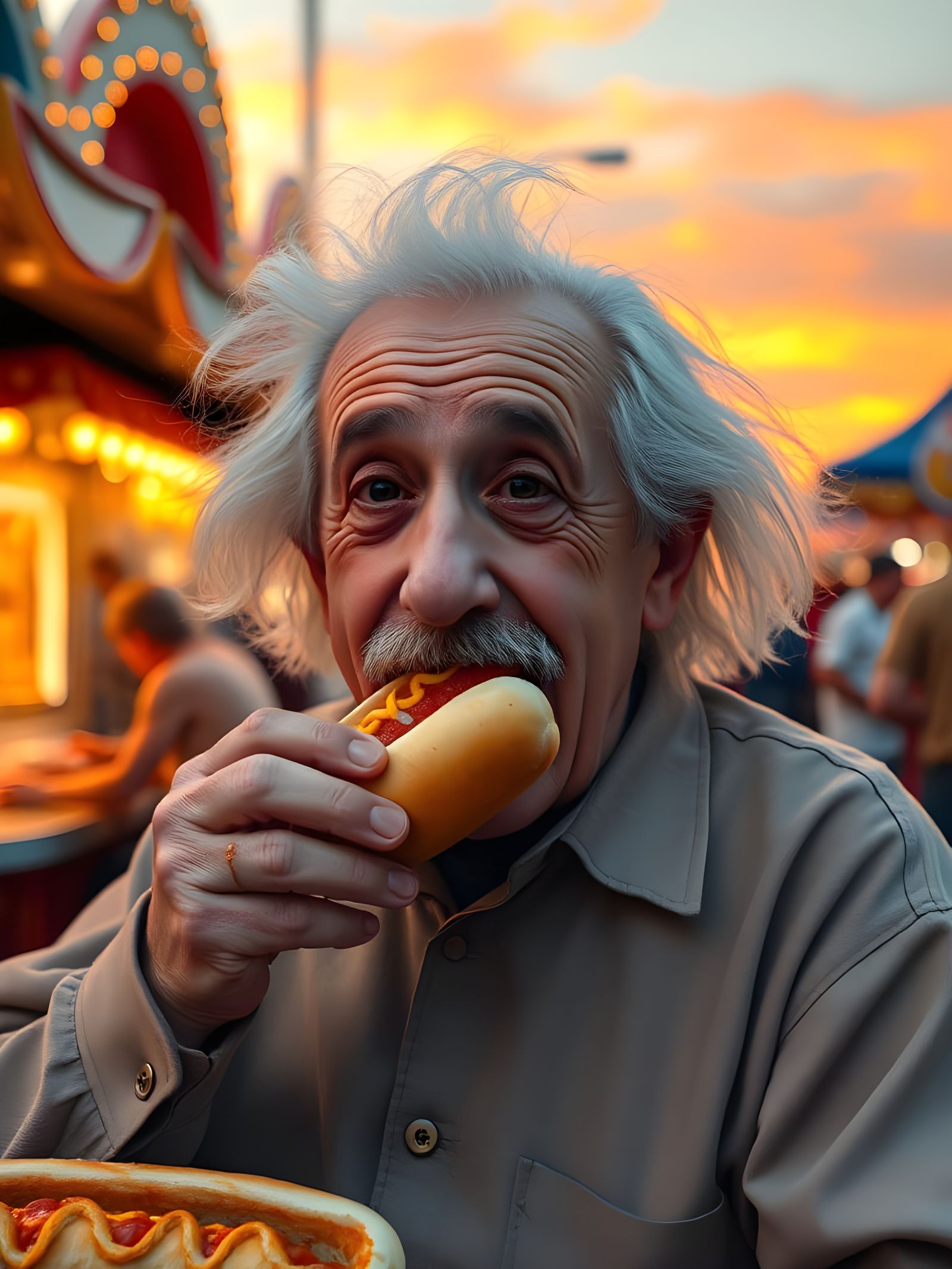 Einstein Savoring a Carnival Sunset Hotdog