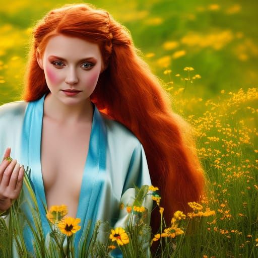 Enchanted Fairy Princess in Flower Meadow, Art Nouveau