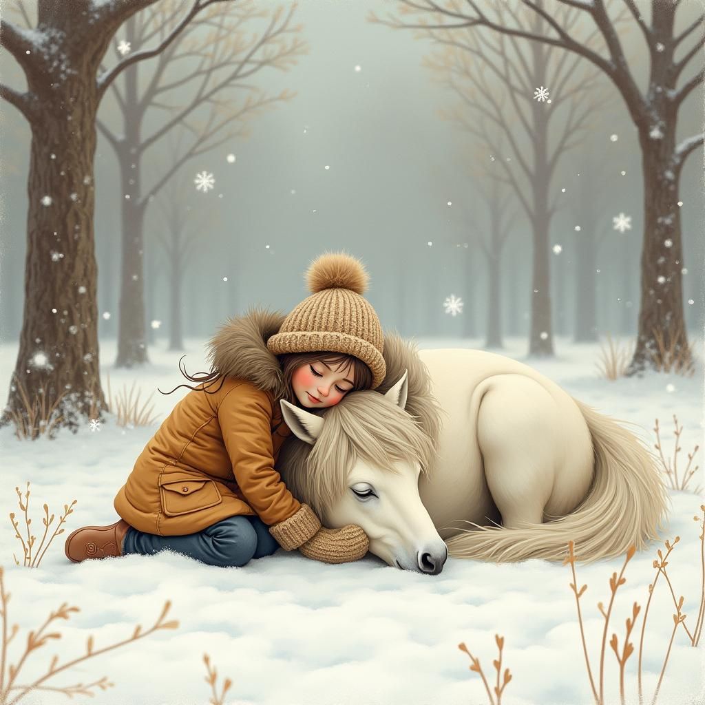 Girl and Pony in Snowy Wonderland, Impressionist Style