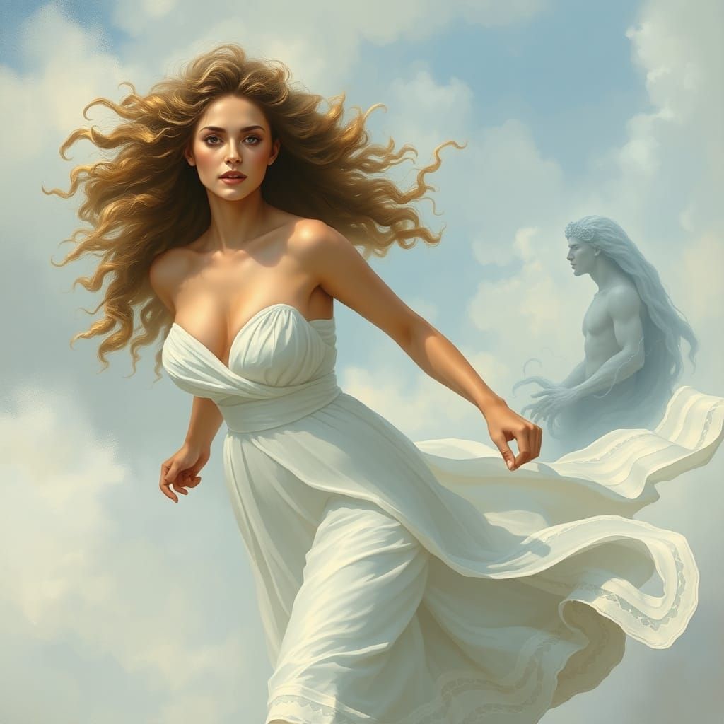 Medusa-like Woman Running from Poseidon in Pre-Raphaelite St...