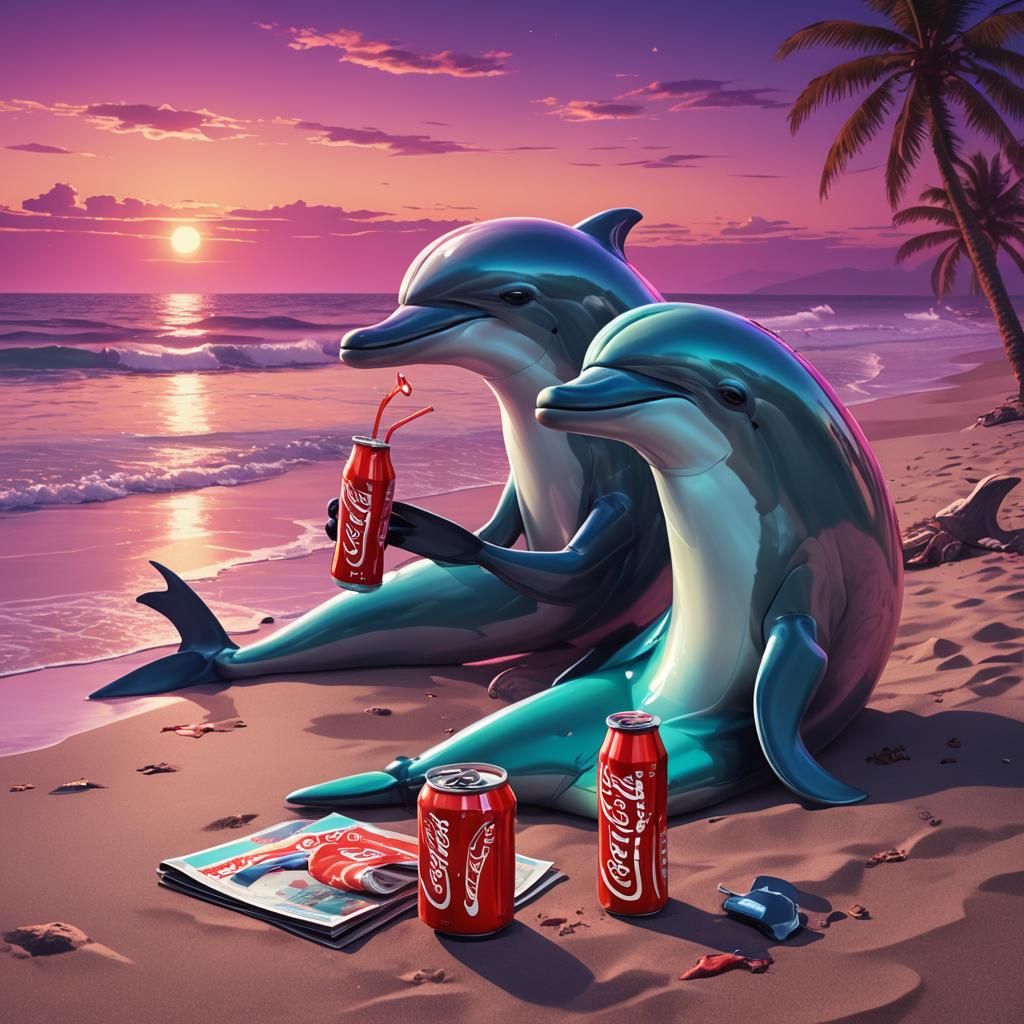 Dolphins Enjoying Coca-Cola: Synthwave Neon Seascape