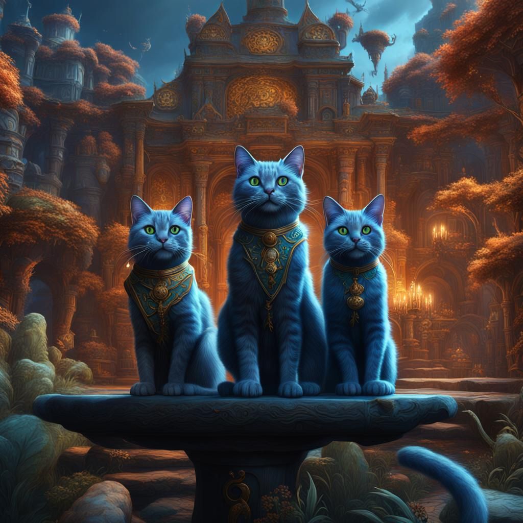 Fantastical Trio of Cats in Detailed Digital Art