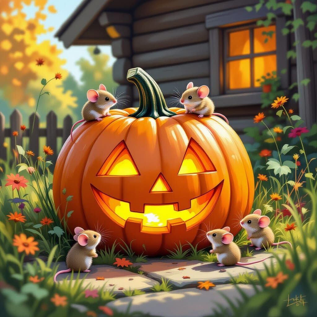 Cute Mice Admire Artful Pumpkin in Cosy Cabin Garden
