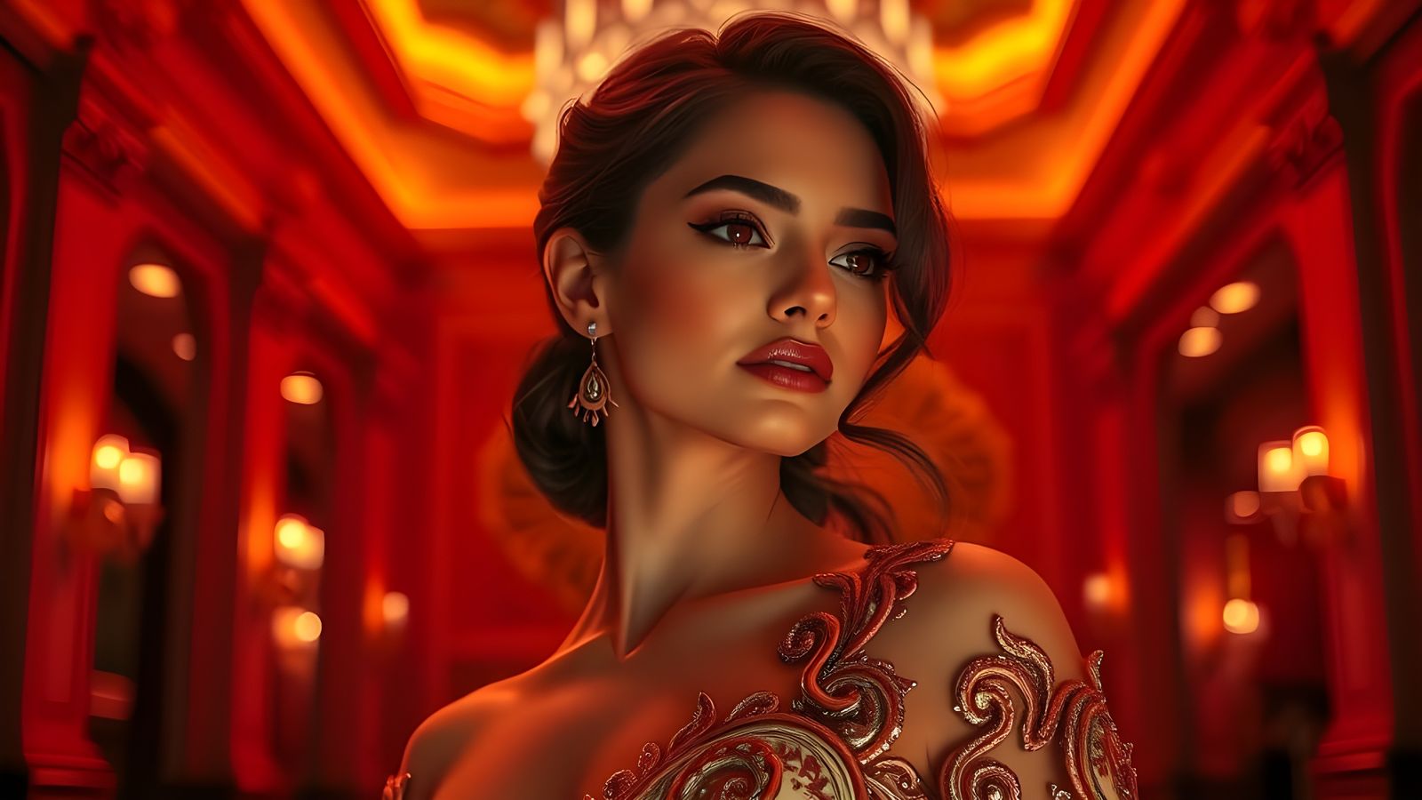 Elegant Woman in Luxurious Warm-Toned Setting