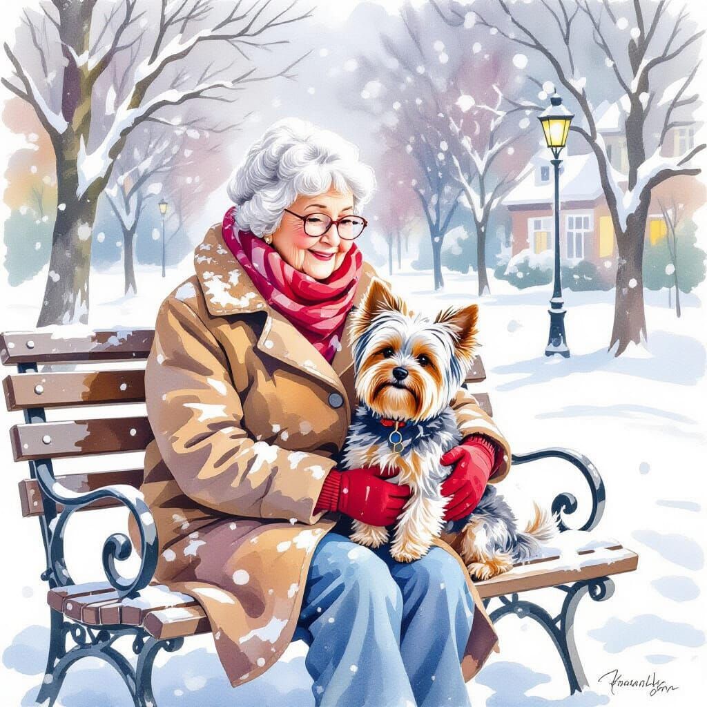 Elderly Woman with Yorkie in Snow, Watercolor Style