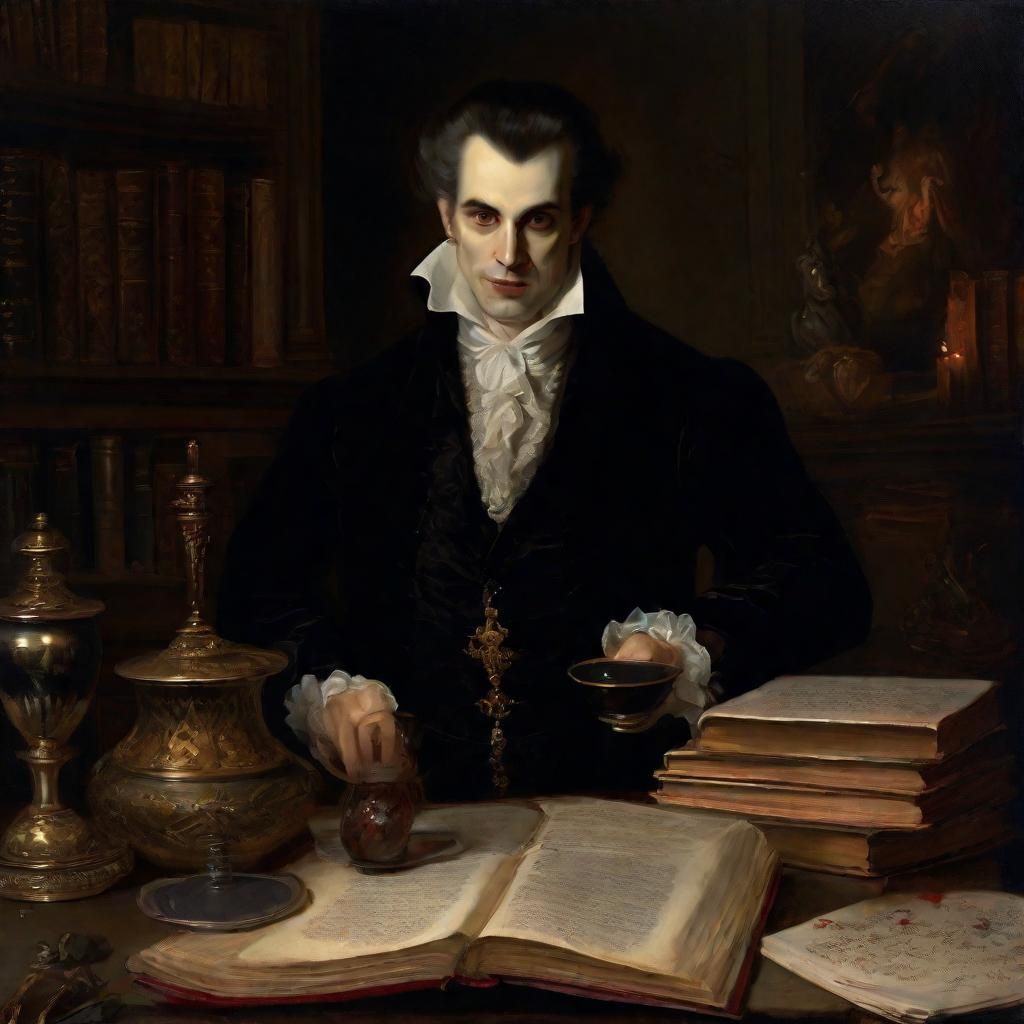 Baroque Vampire in Dimly Lit Study with Art Critic