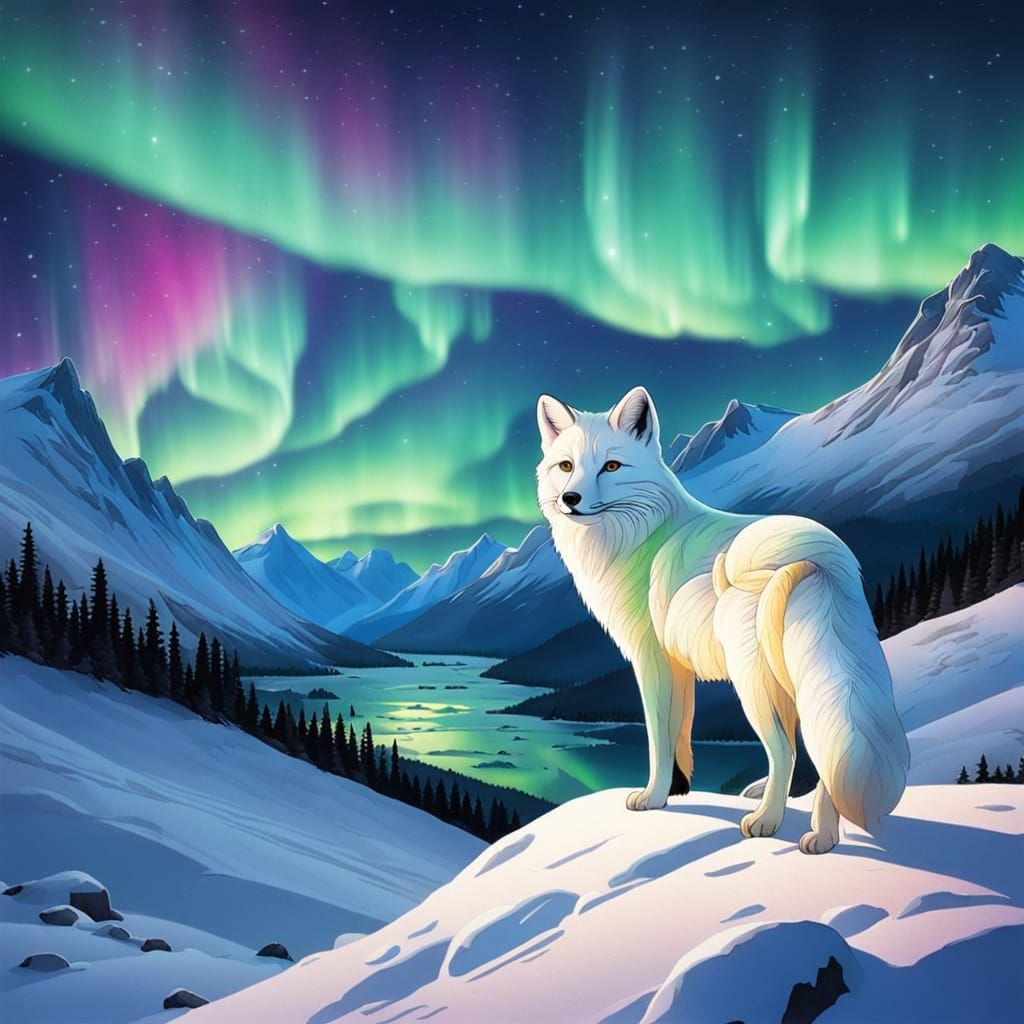 Snow Fox Under Northern Lights in Mountains