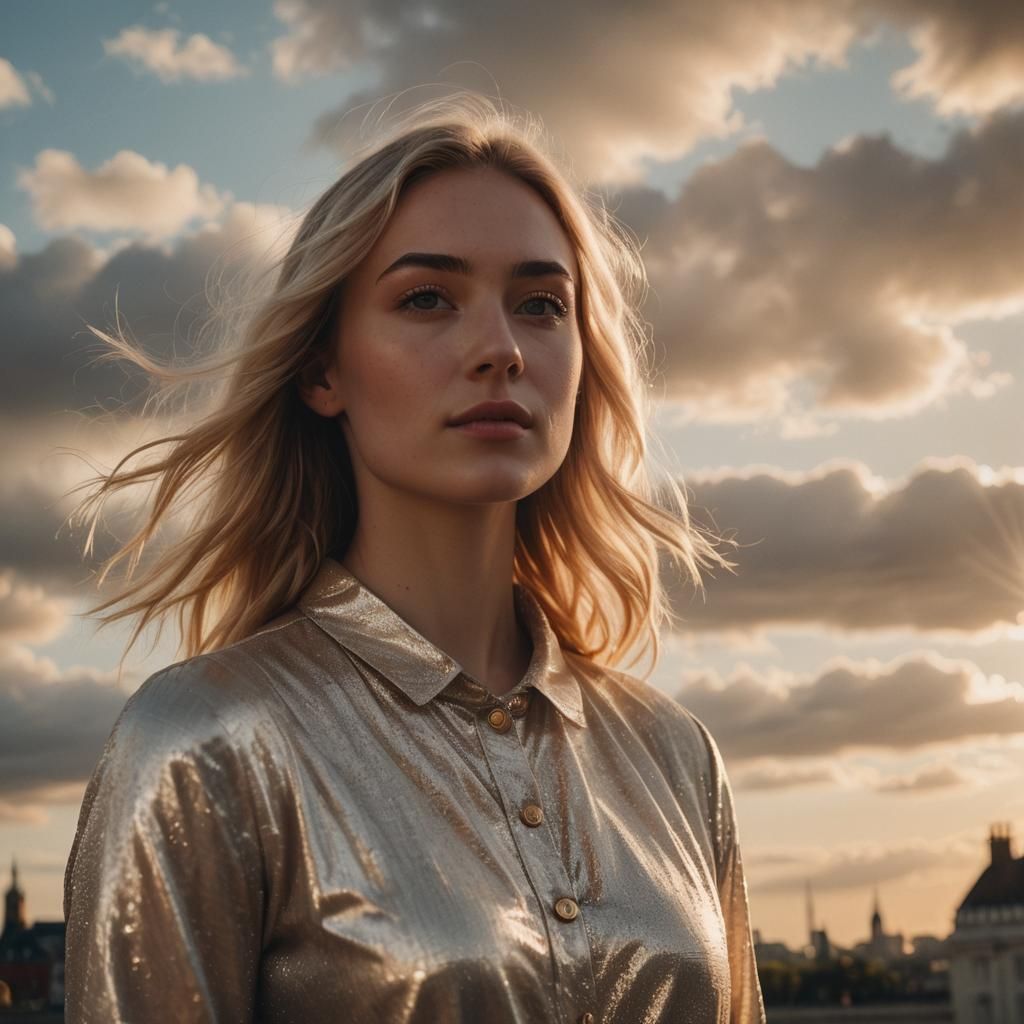 Blonde Woman in London Bathed in Golden Light