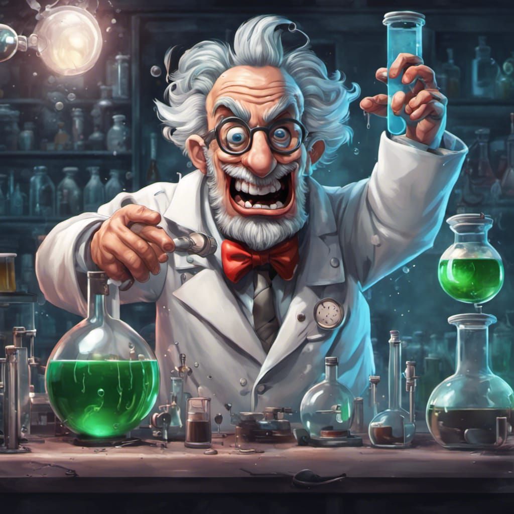 Evil Mad Scientist in Laboratory Cartoon