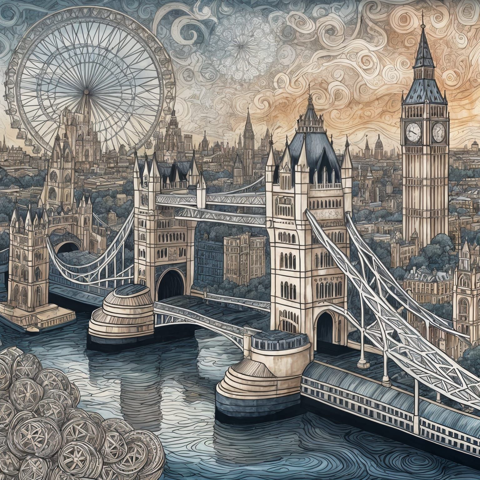 Surreal Zentangle Cityscape of London Landmarks