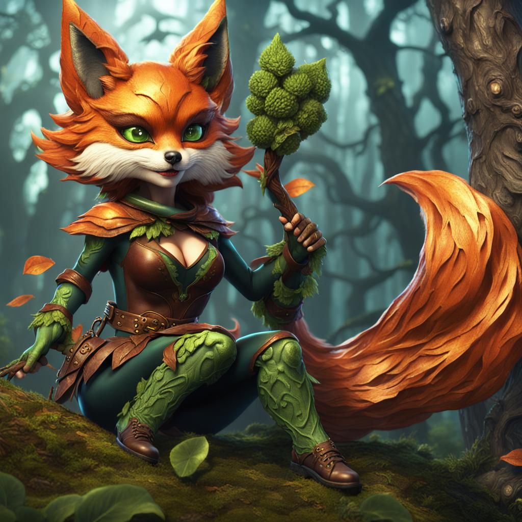 Superhero Kitsune Dryad Witch in Anime Style