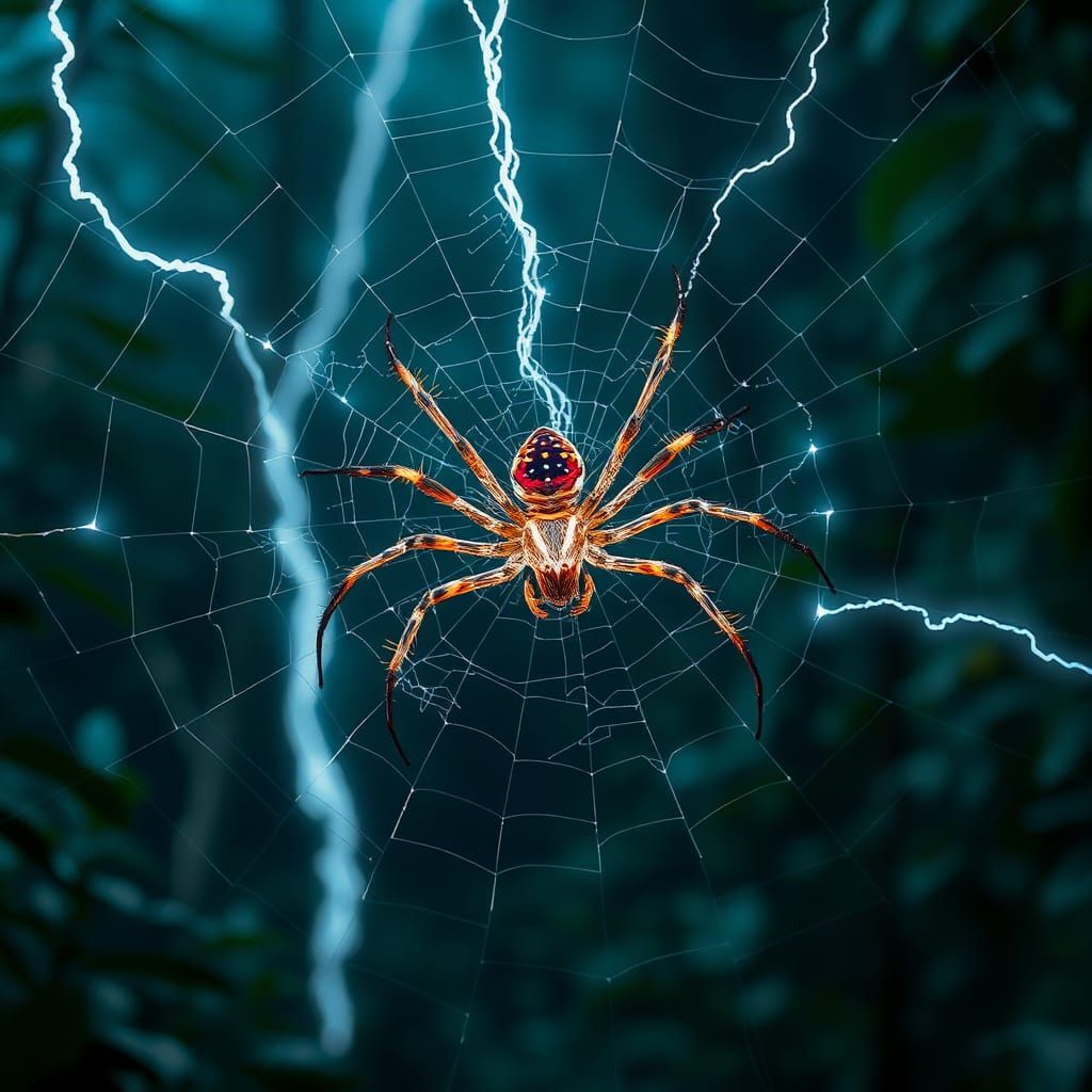 Bioluminescent Lightning Spider Weaving Web in Alien Forest
