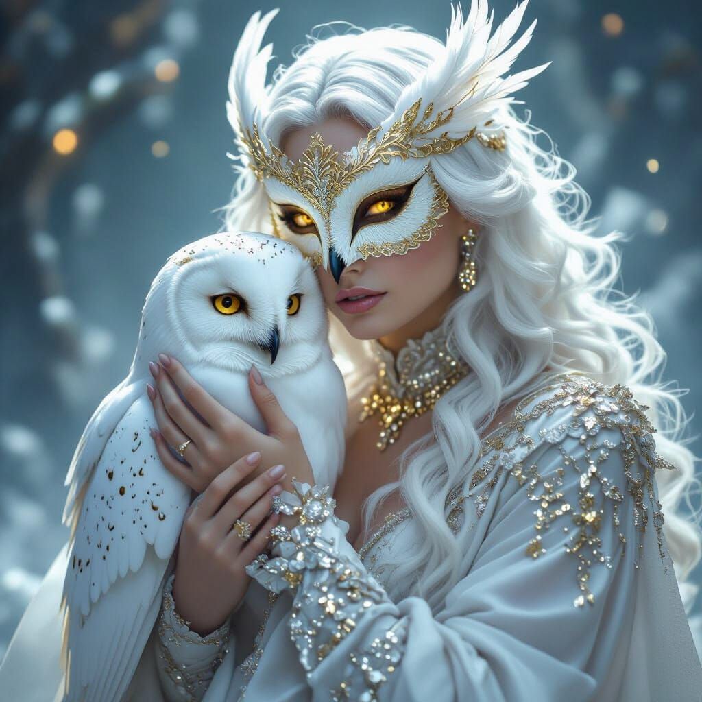 Woman with Owl Mask in Ethereal Moonlight