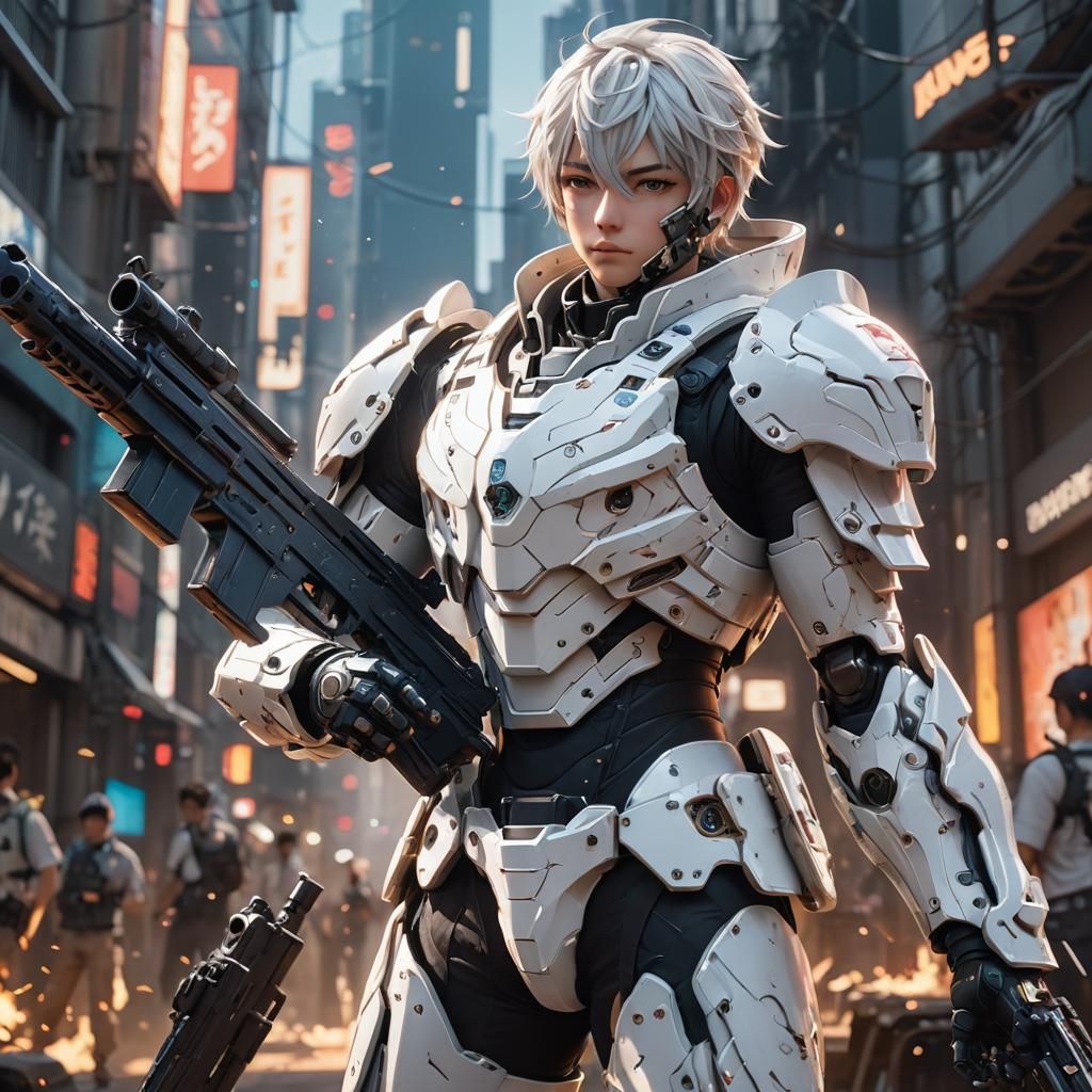 Boy in White Armor Holding Gun, Anime 3D Art