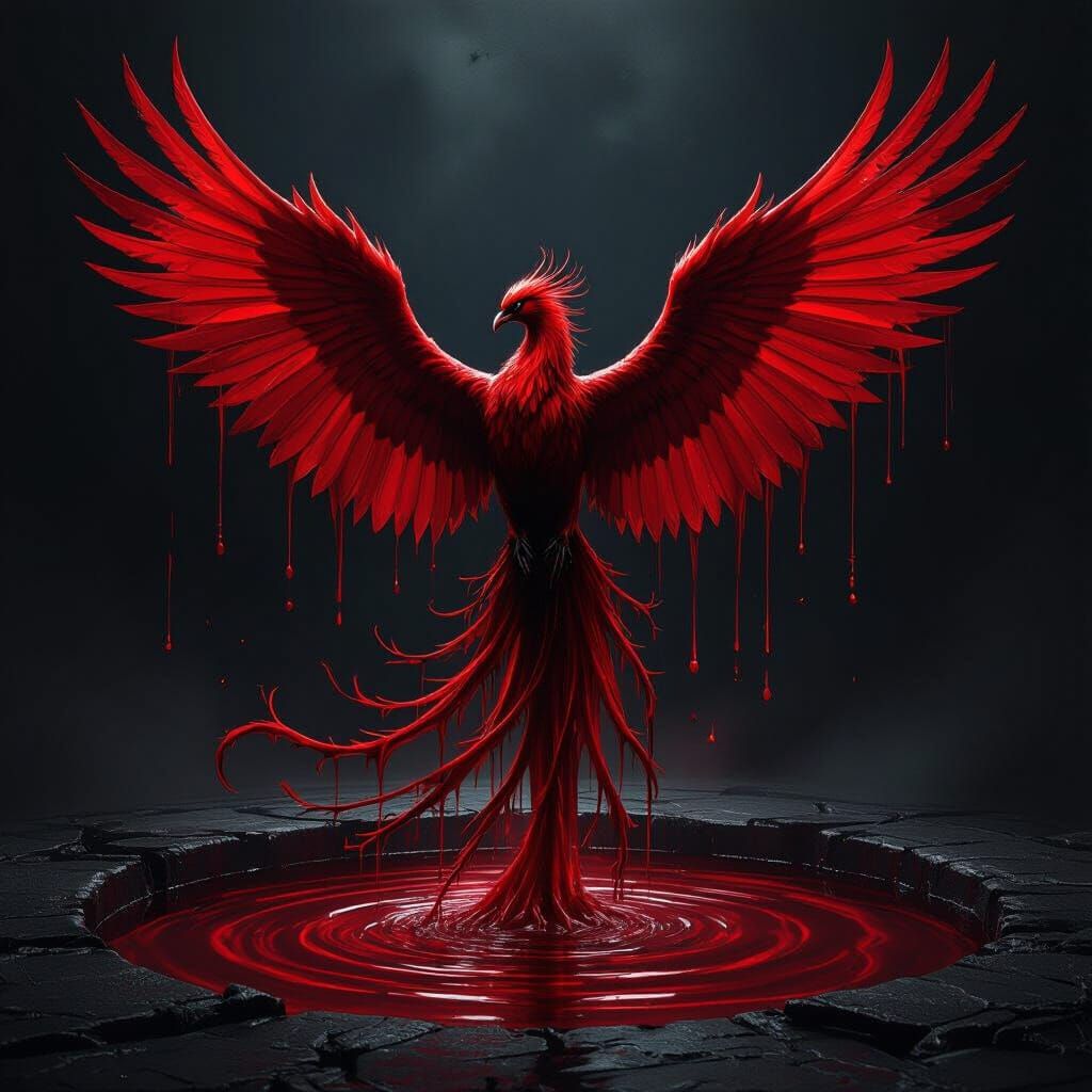 Crimson Blood Phoenix Rises From Dark Pool in High Contrast ...