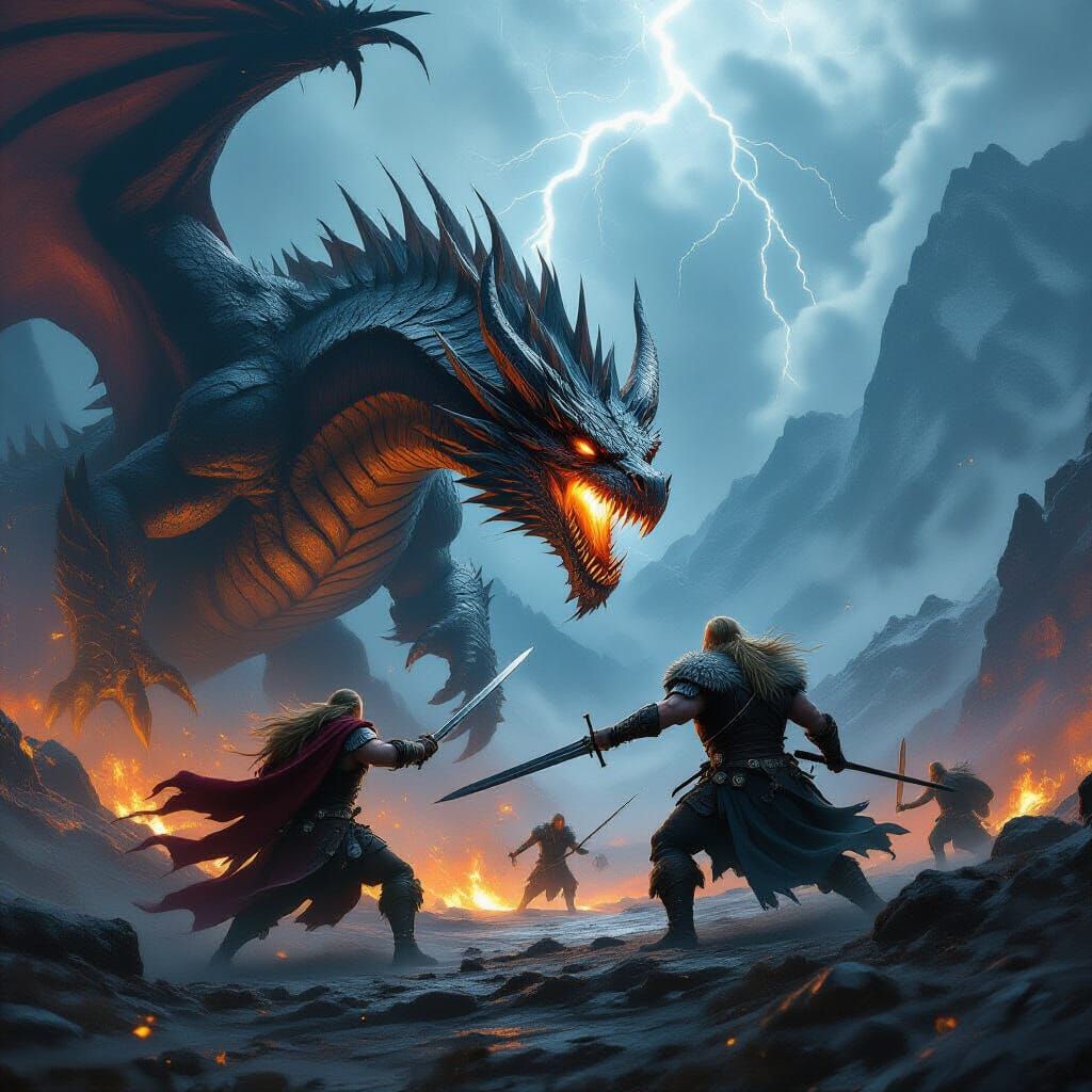 Viking Battles Colossal Dragon in Epic Digital Painting