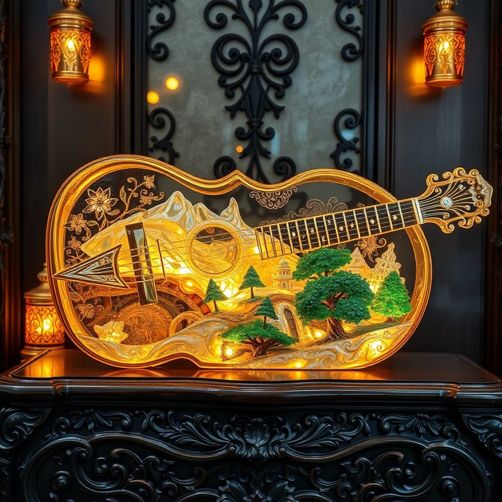 Golden Glass Guitar with Miniature World Inside