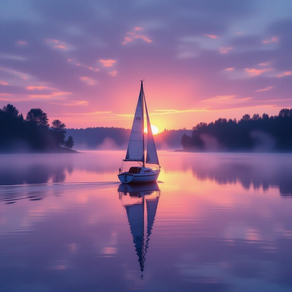 Sailboat on Tranquil Lake: Holographic Astral Illustration
