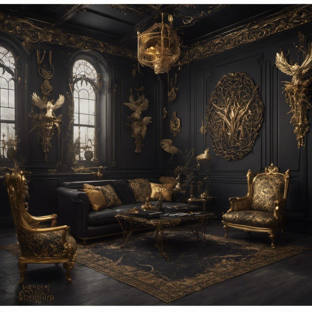 Golden Furniture in Black Room with Birds