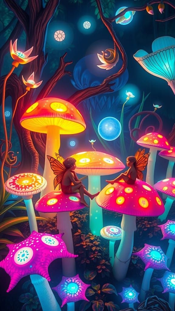 Pixies on Iridescent Mushrooms in Alien Jungle