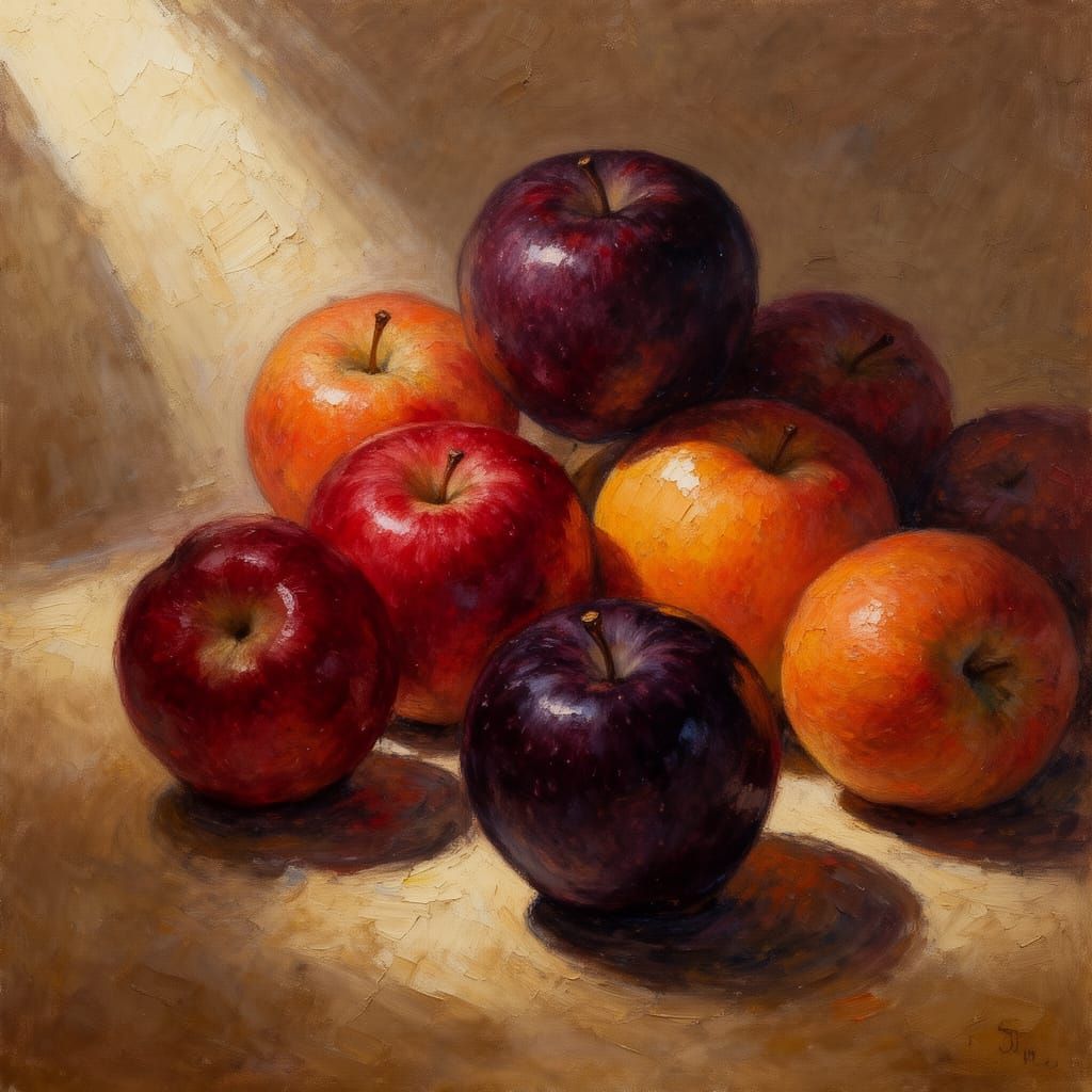 Impasto Oil Painting of Overlapping Apples in Rich Colors
