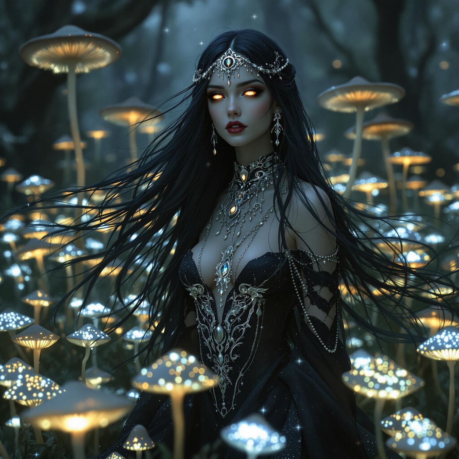 Gothic Enchantress in Bioluminescent Field, Hyperrealistic A...