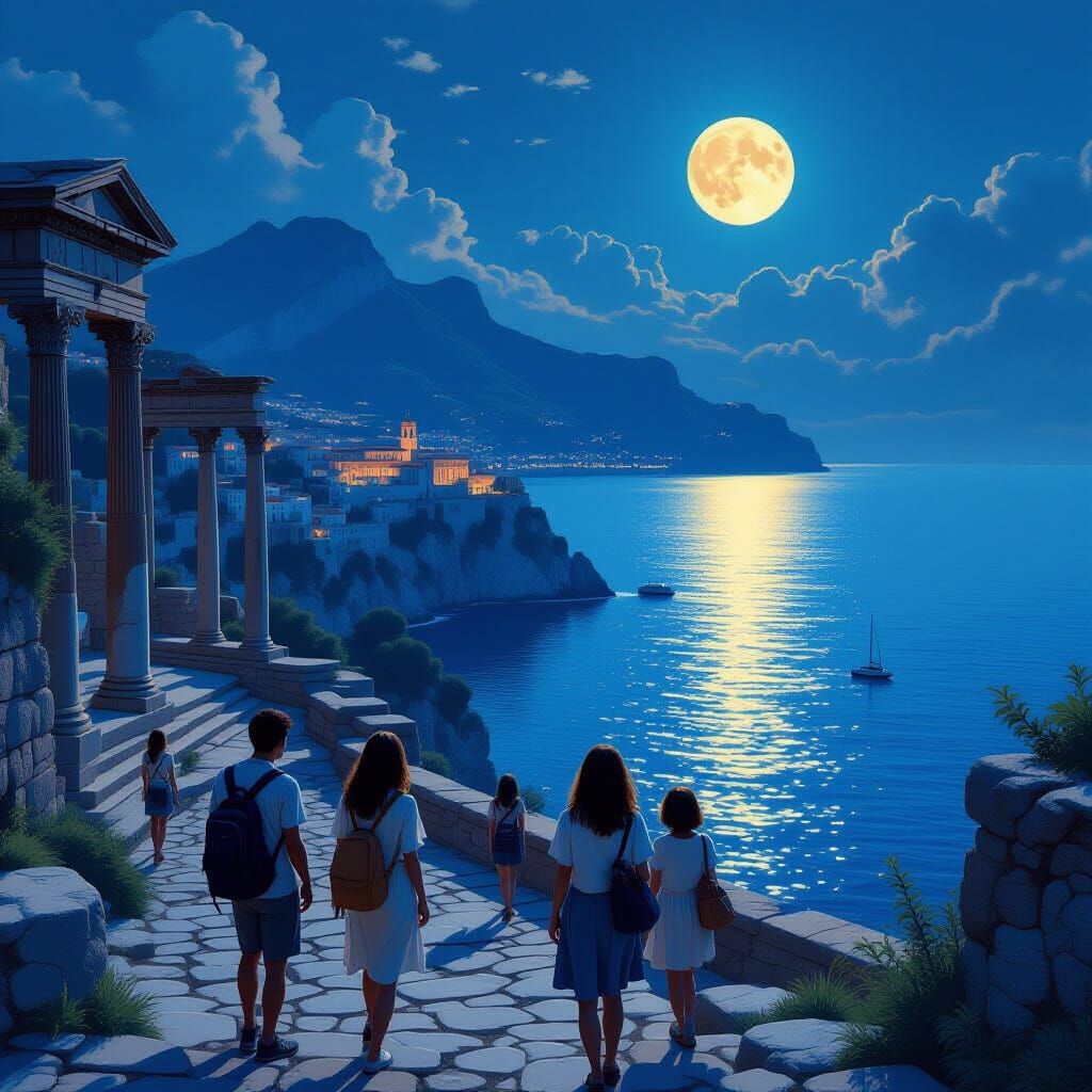 Moonlit Roman Ruins Visited by Modern Tourists