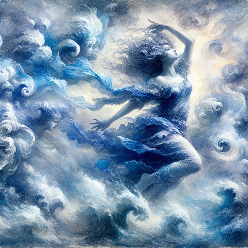Ethereal Woman in Blue Wind, Romantic Watercolor Style