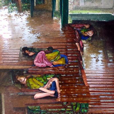 Indian Monsoon: Teenage Girls Sheltering from Rain