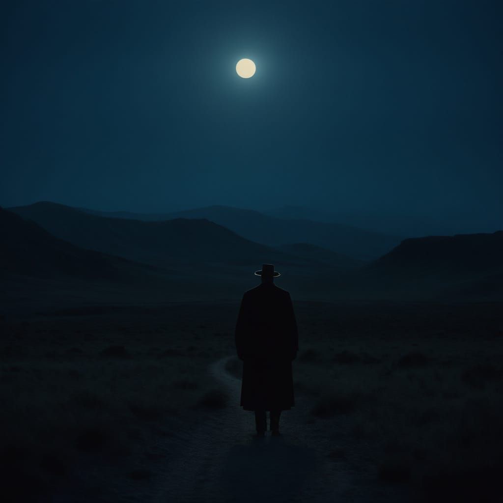 Ethereal Moonlit Landscape with Lone Figure in the Distance