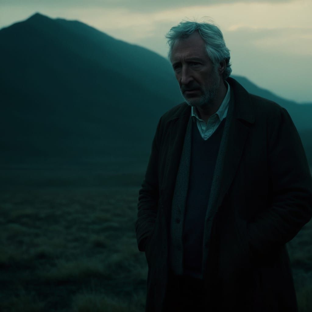 Dramatic Film Still with Warm Grain and Deep Shadows