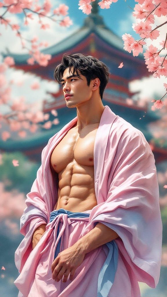 Muscular Asian Man in Pink Robe at Japanese Pagoda