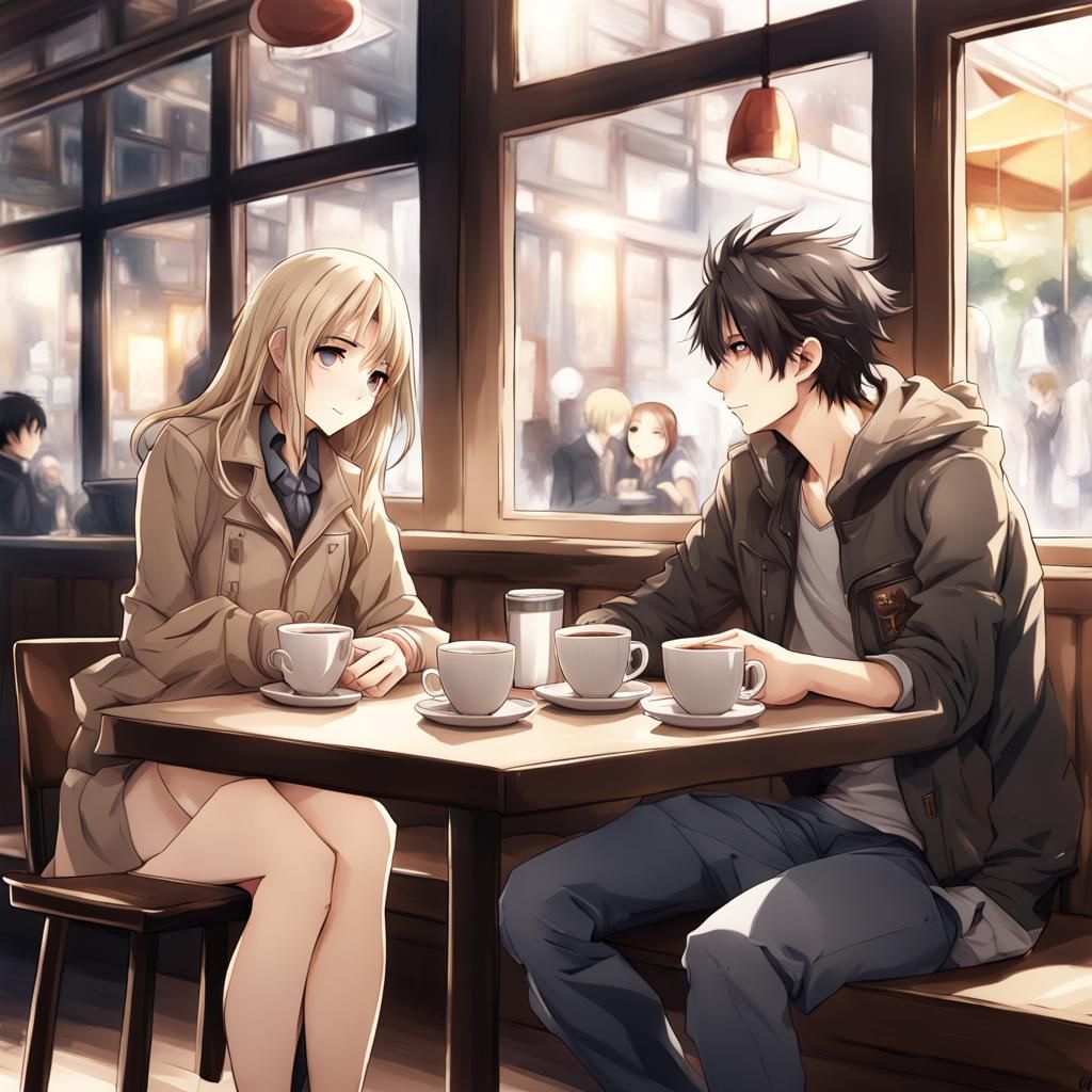 Romantic Coffee Shop Scene in Anime Style