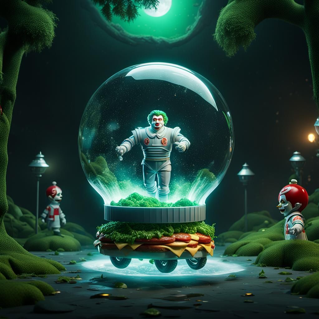 Ronald McDonald going into burger king,magnificent detailed shiny 3d crisp ,unreal engine 5 ,128 bit graphics,flashes ...