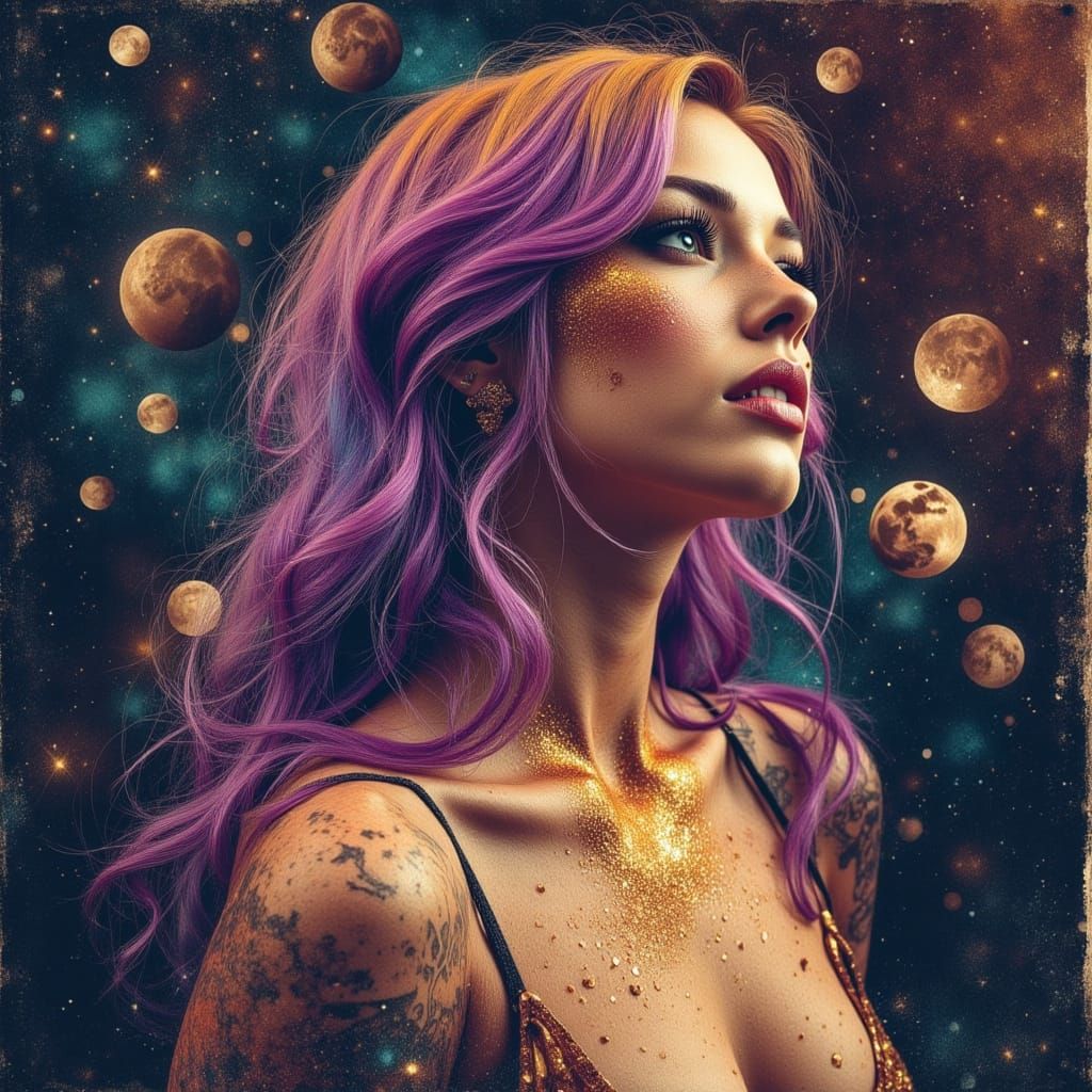 Woman with Metallic Gold and Violet Hair Dissolving into Aur...