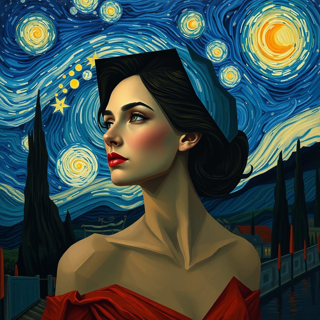 Cubist Woman in Starry Night Dreamscape