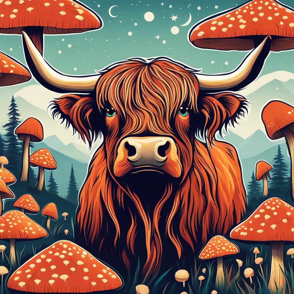 Highland Cow and Magic Mushrooms