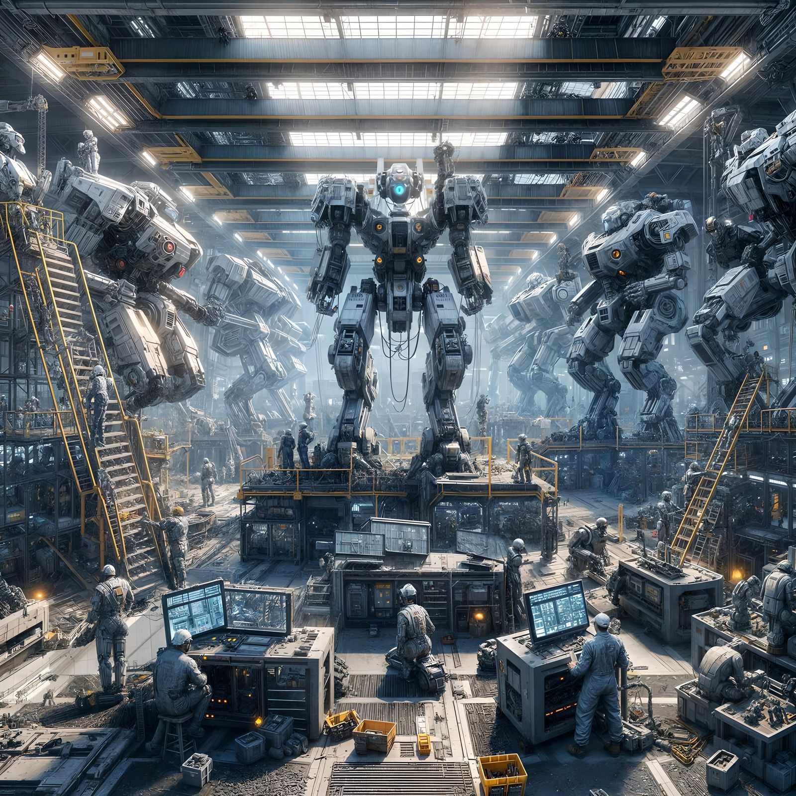 Futuristic Mecha Repair Bay: Engineers and Towering Robots