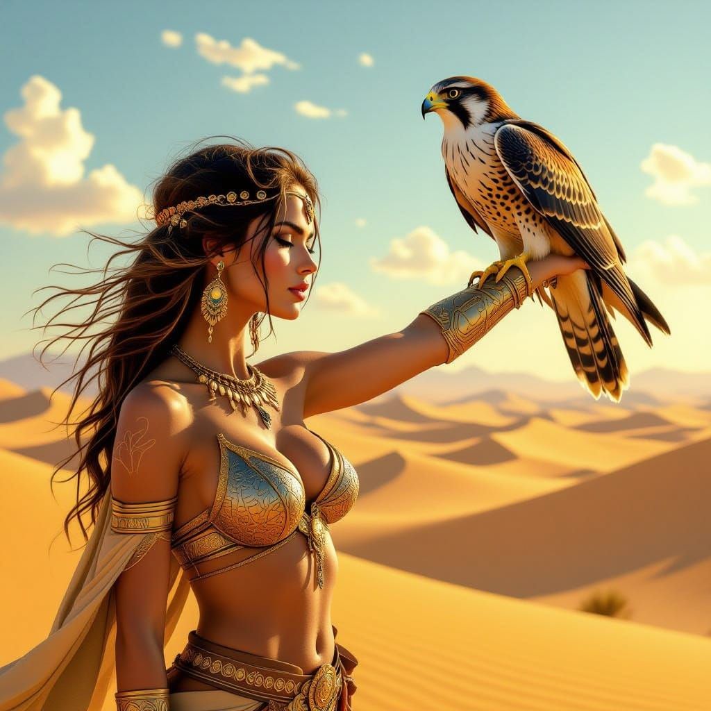 Desert Goddess Connects with Majestic Falcon in Golden Dunes