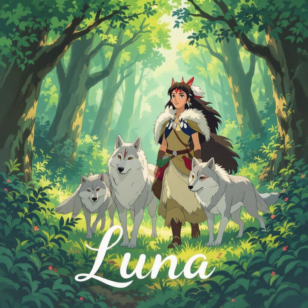 Princess Mononoke With Wolves in Studio Ghibli Style
