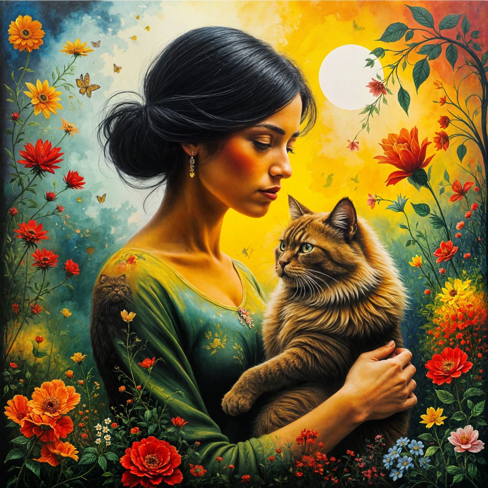 Woman Holding Persian Cat in Enchanting Garden