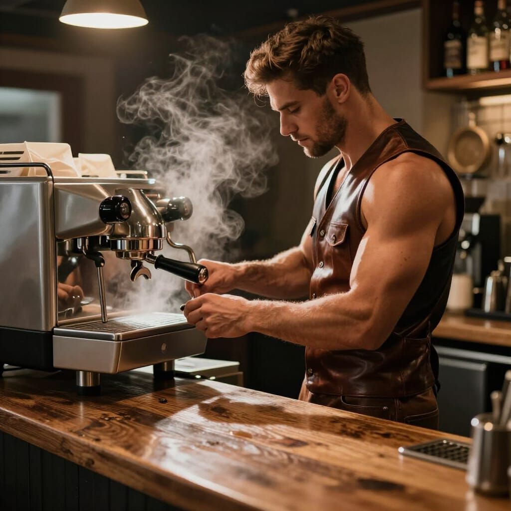 Muscular Barista in Warm Ambient Light
