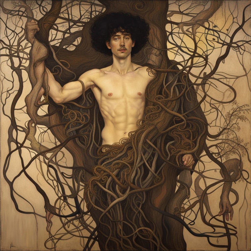 Man Entwined in Roots: A Klimt-Inspired Portrait