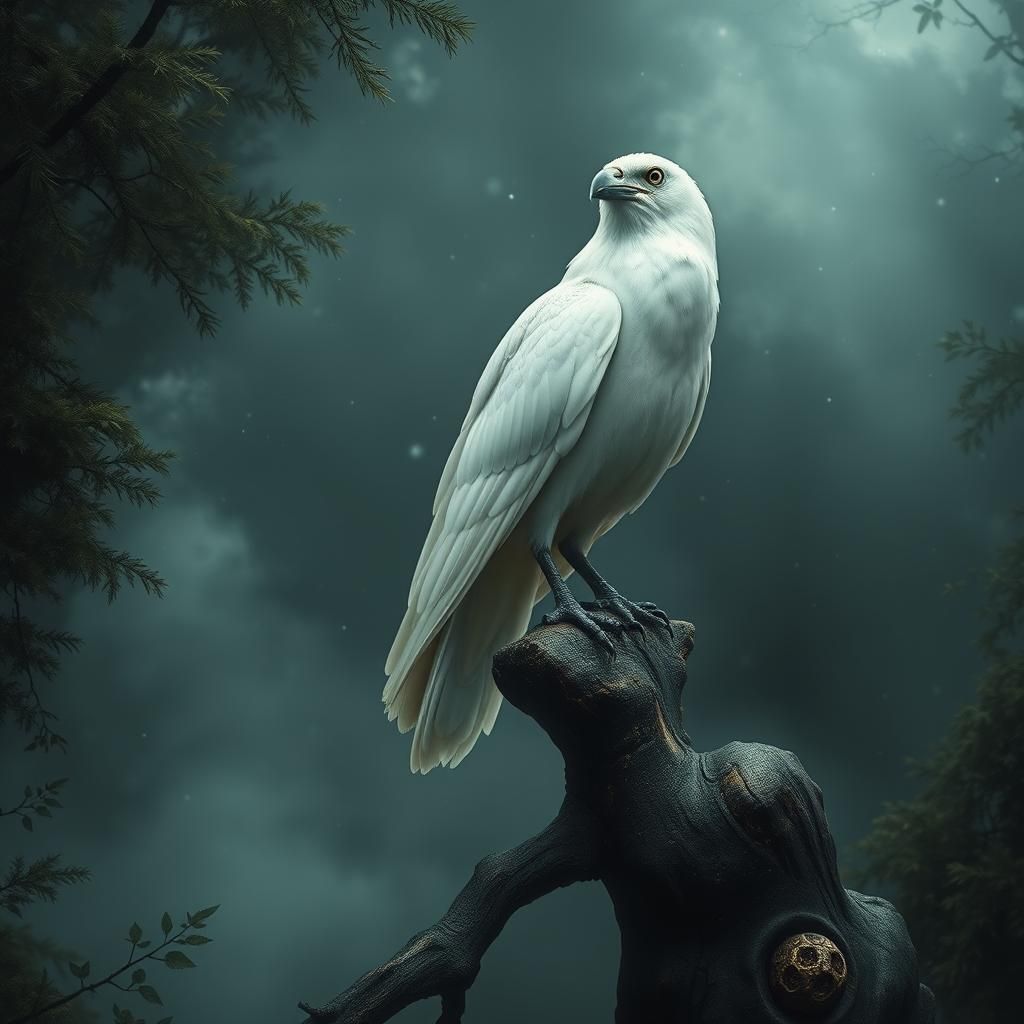 White Crow in Misty Forest: Mystical Realism