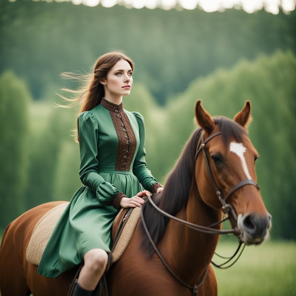 Victorian Lady on Horseback in Green Field